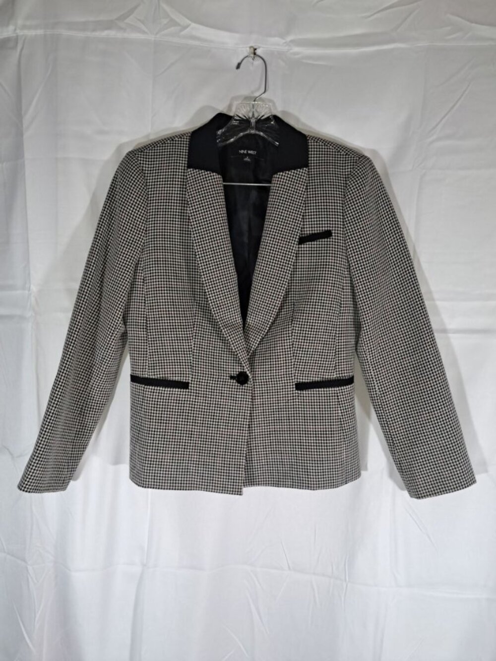 Nine West Houndstooth Single Button Blazer Jacket Black White Trimmed Lapel, Siz